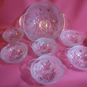 Vintage Rose Glass Serving Set – 7-Piece Embossed Floral Bowl Set, Indiana Glass